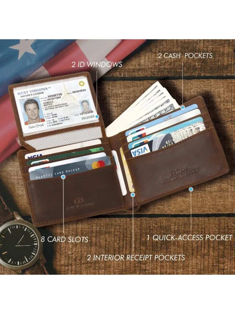 RFID Blocking Bifold Wallet for Men, Full Grain Leather, 13 Card Slots, 2 ID